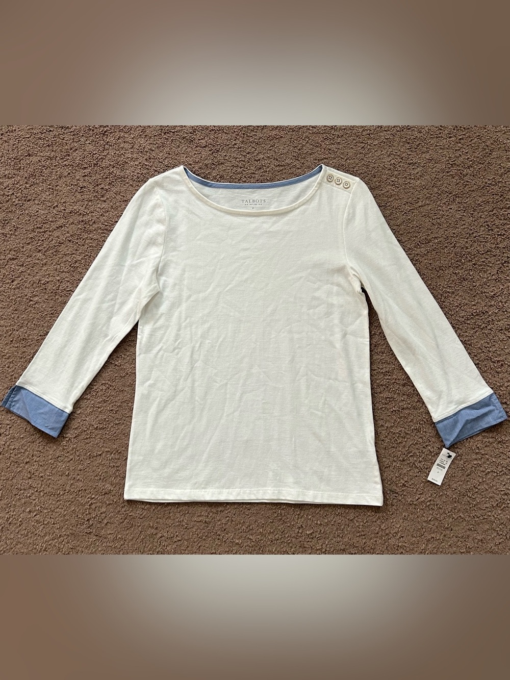 Talbots Womens Cream 3/4 Sleeve Top w/Shoulder Buttons-Blue Trim Petites